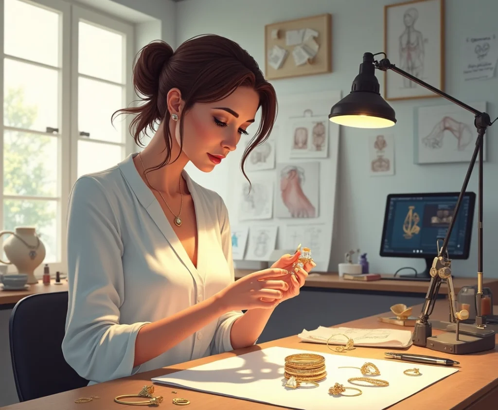 illustration d'une femme qui confectionne des bijoux dans un atelier