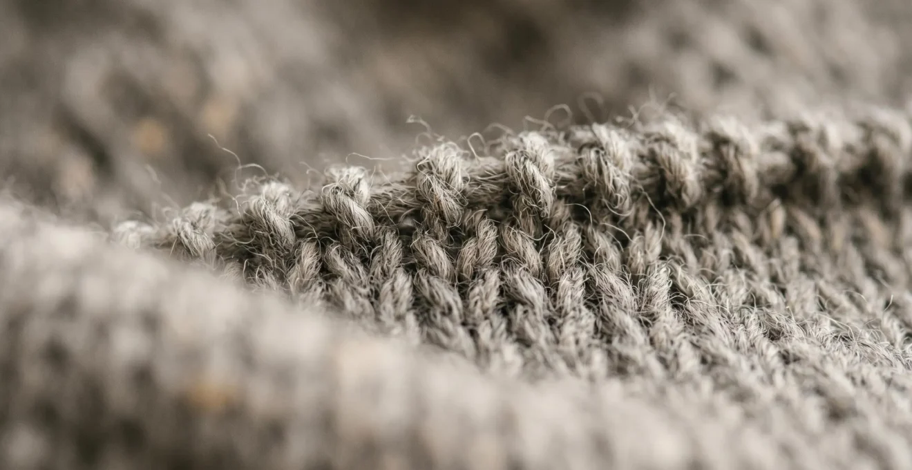 Macro photographie du point de tricot d'un poncho en laine mérinos, montrant la texture douce et serrée du fil naturel dans des tons gris chiné