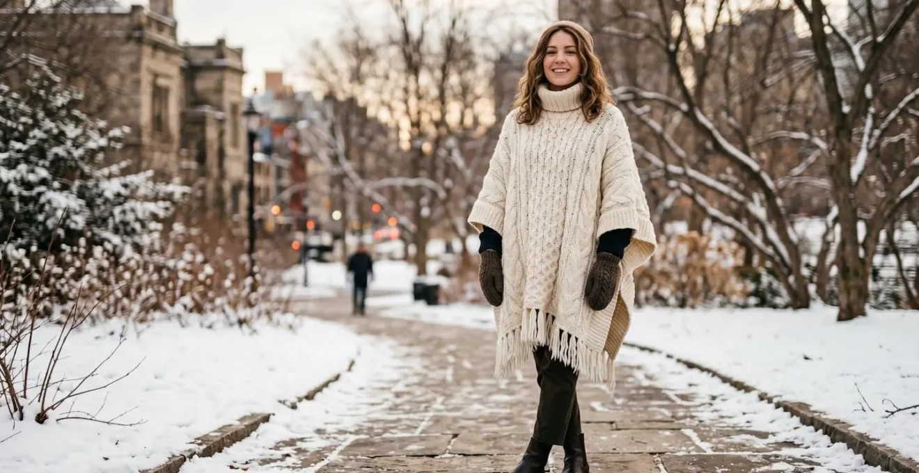 Silhouette féminine vêtue d'un poncho à col roulé en laine mérinos crème, debout dans un parc hivernal aux tons neutres, style bohème chic