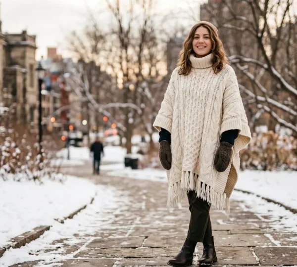 Silhouette féminine vêtue d'un poncho à col roulé en laine mérinos crème, debout dans un parc hivernal aux tons neutres, style bohème chic