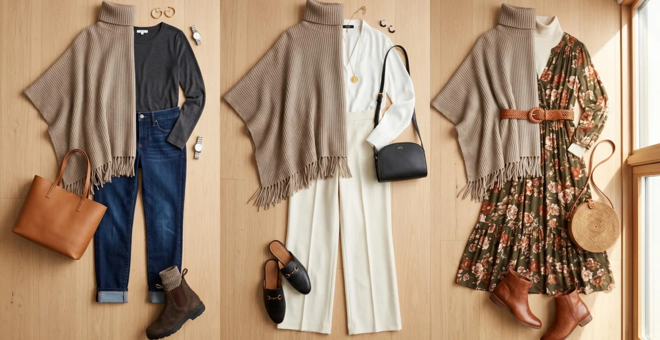 Montage de trois tenues autour du poncho col roulé en laine : look casual avec jean et bottines, look sophistiqué avec pantalon large et mules, look bohème avec robe longue et ceinture